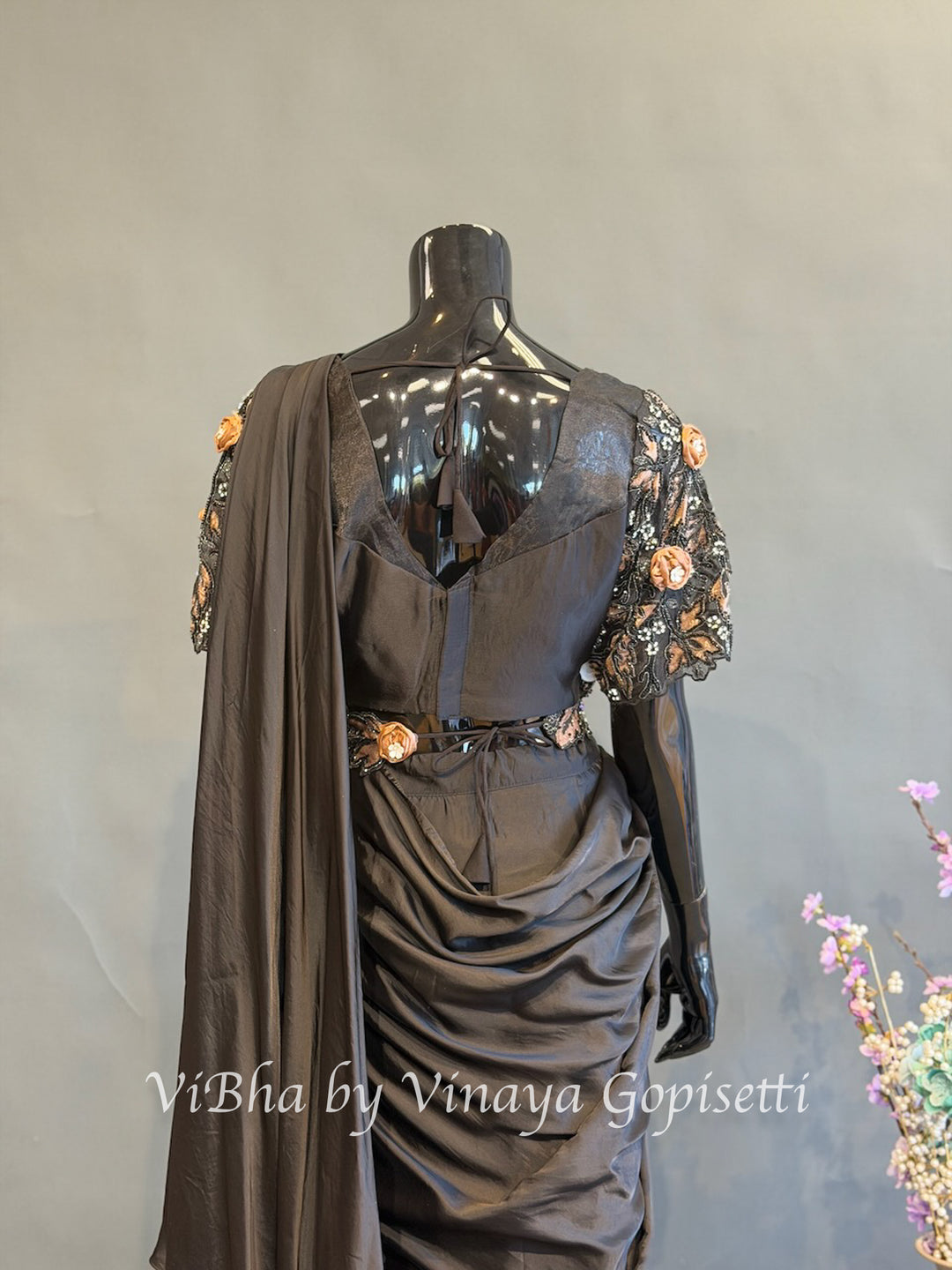 Black and Mocha brown predraped saree and blouse