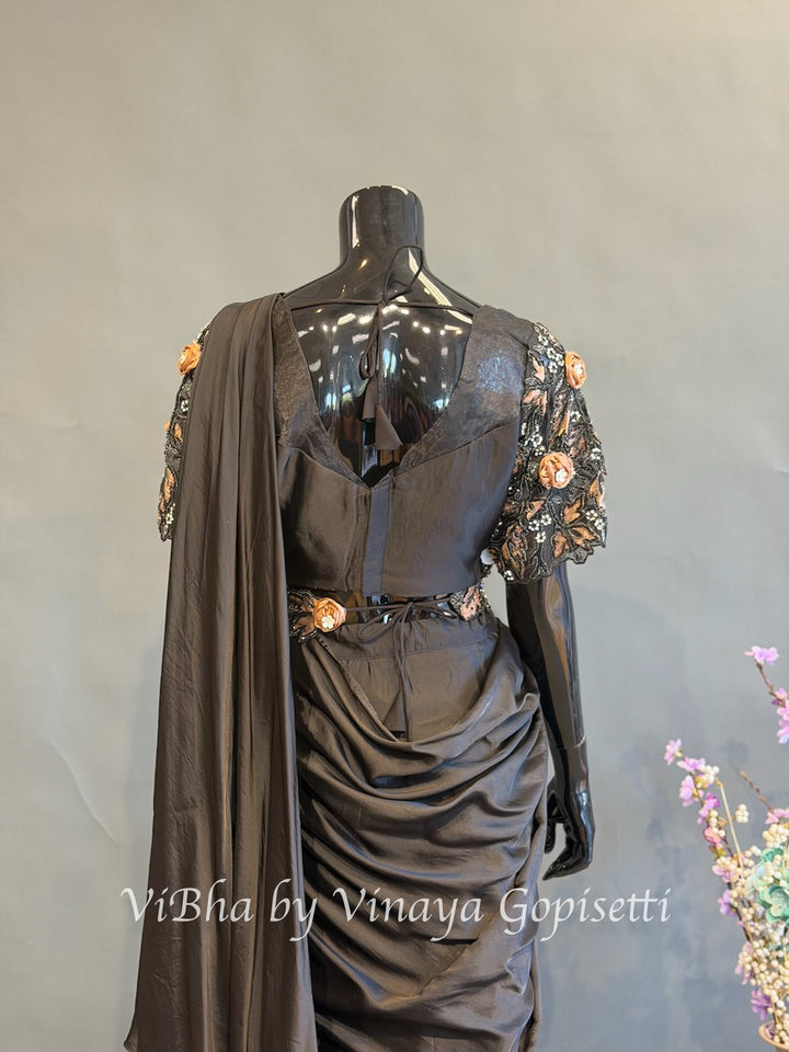 Black and Mocha brown predraped saree and blouse