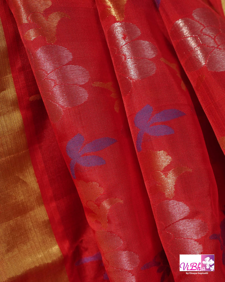 Red Jamdani Kalanjali Motif Venkatagiri Silk Saree with Maroon Blouse