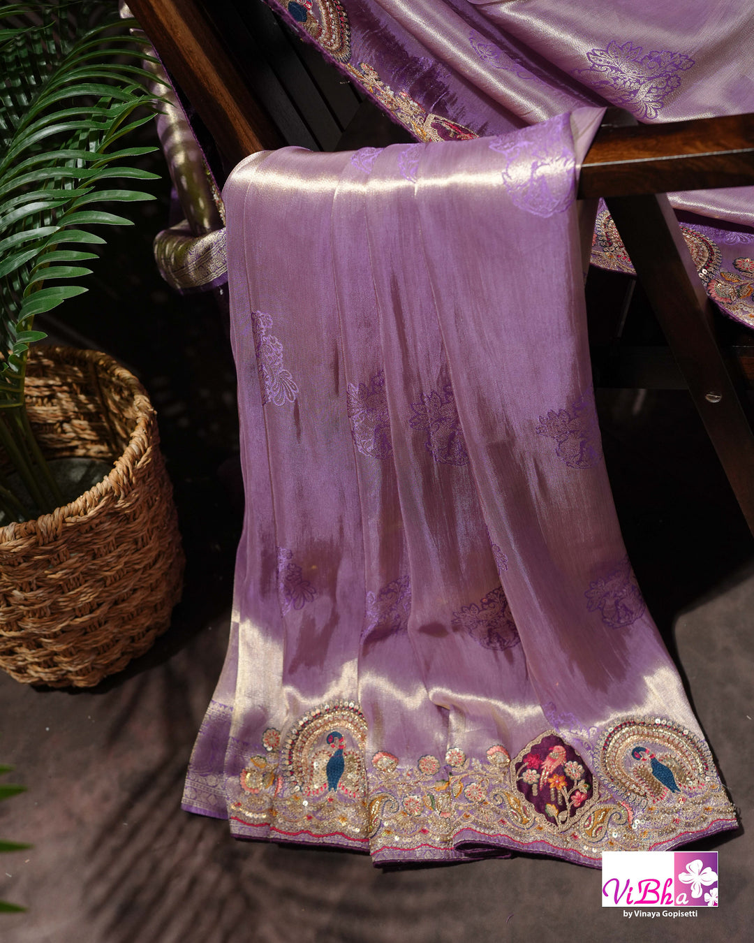 Lavender Designer Saree with Ornate Peacock and Figurative Embellishments