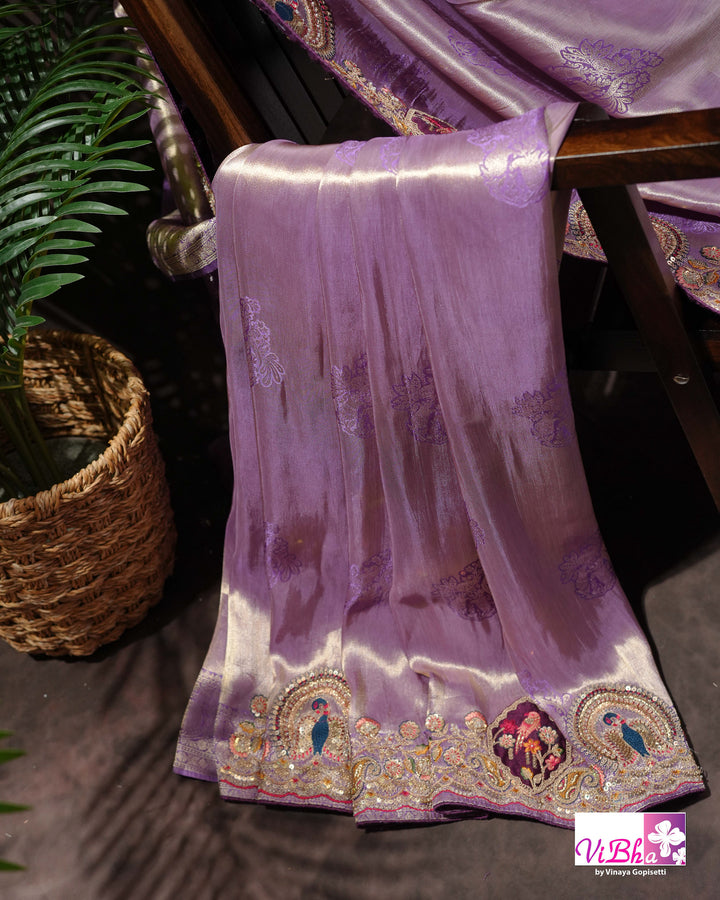 Lavender Designer Saree with Ornate Peacock and Figurative Embellishments