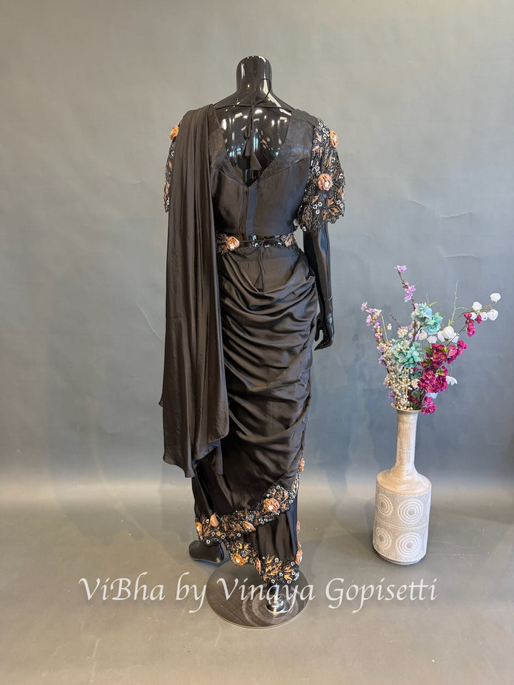 Black and Mocha brown predraped saree and blouse