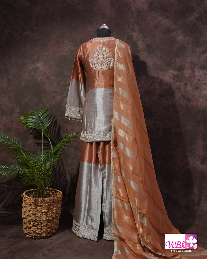 Rust &amp; Silver Embroidered Sharara Set