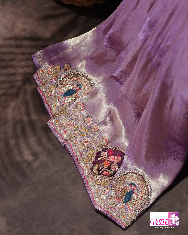 Lavender Designer Saree with Ornate Peacock and Figurative Embellishments