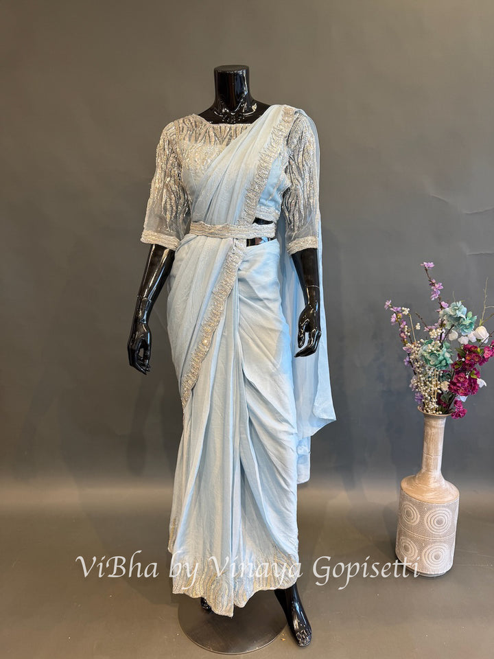 Powder blue self bead embroidered pre draped saree and Bl