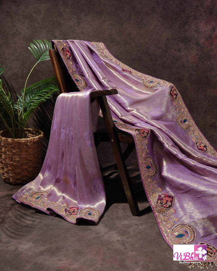 Lavender Designer Saree with Ornate Peacock and Figurative Embellishments