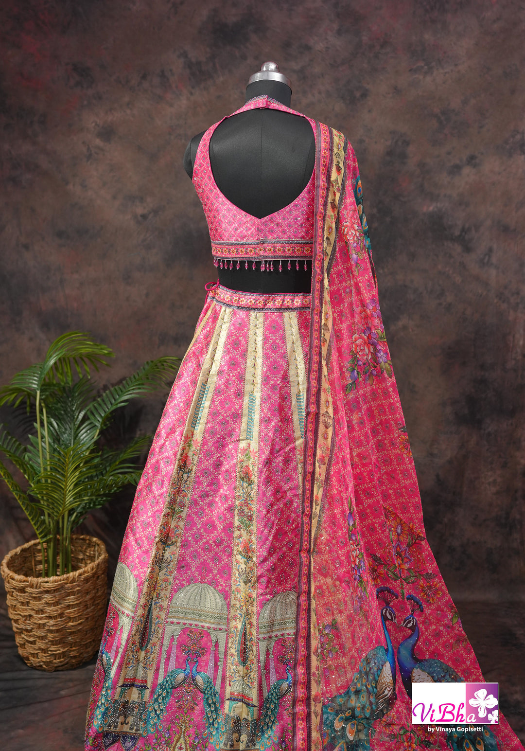Rani Pink Peacock Print Lehenga Set