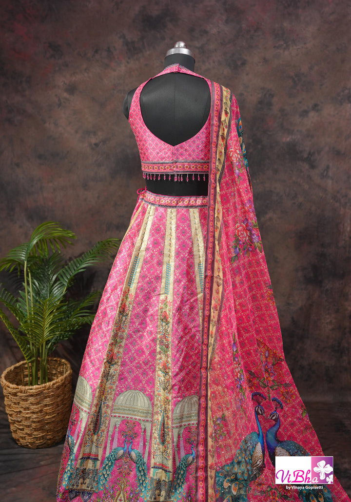 Rani Pink Peacock Print Lehenga Set