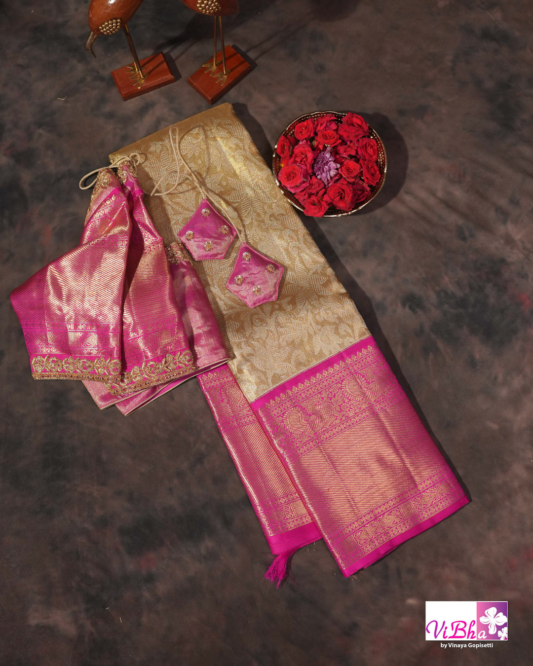 Gold Kanchi Silk Saree with Magenta Pink Border and Ornate Woven Pallu