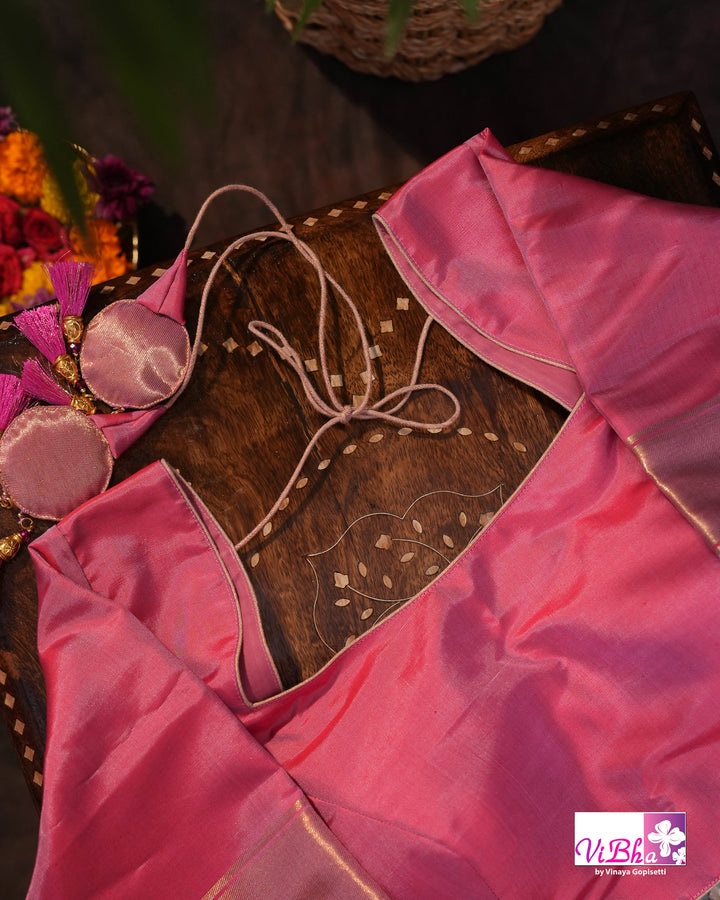 Baby Pink Kanchi Silk Saree with Blouse &amp; Zari Temple Border