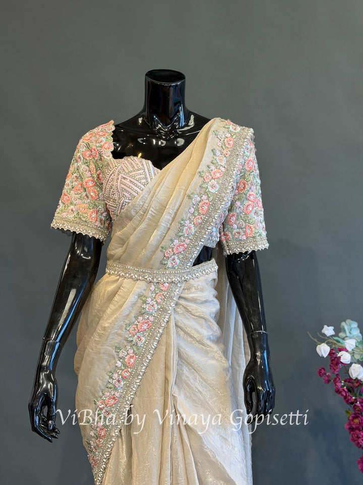 Champagne Silver Pre draped saree and blouse
