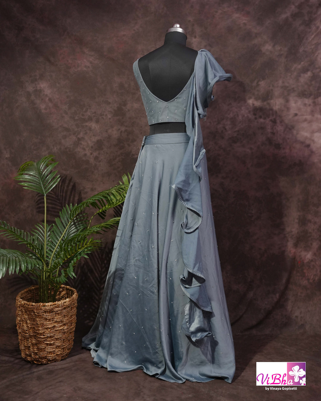 Dusty Blue Embroidered Lehenga Set With Ruffle Dupatta