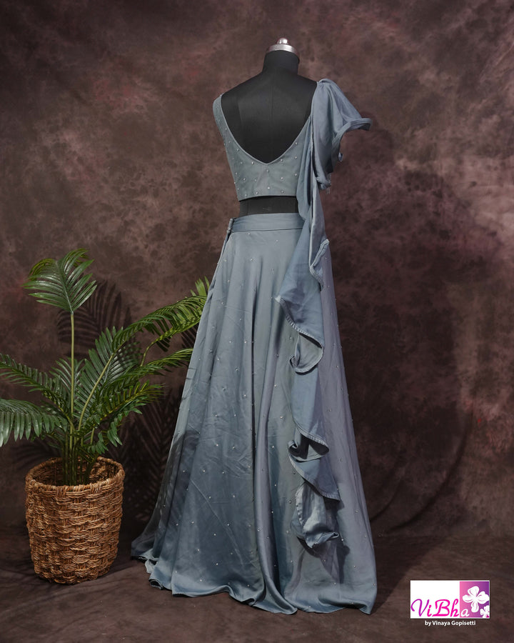 Dusty Blue Embroidered Lehenga Set With Ruffle Dupatta