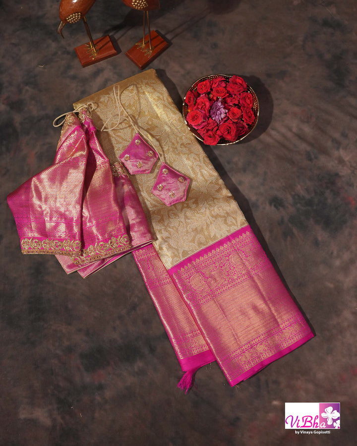 Gold Kanchi Silk Saree with Magenta Pink Border and Ornate Woven Pallu