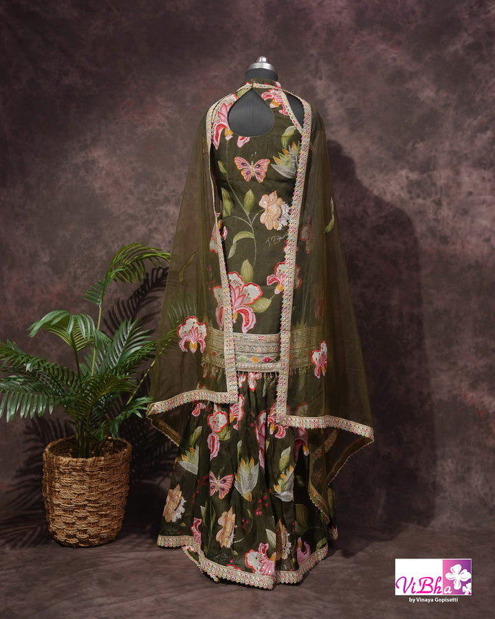 Dark Mehendi Green Floral position print high neck Gharara set