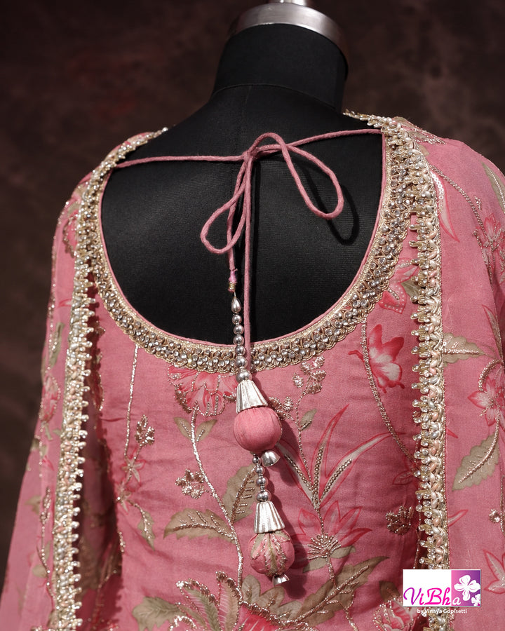Peach Pink Floral Embroidered Sharara Set