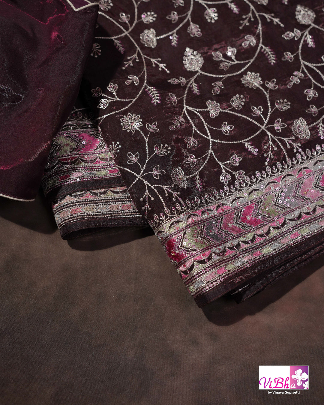Deep Plum Designer Saree with All-Over Floral Vine Embroidery