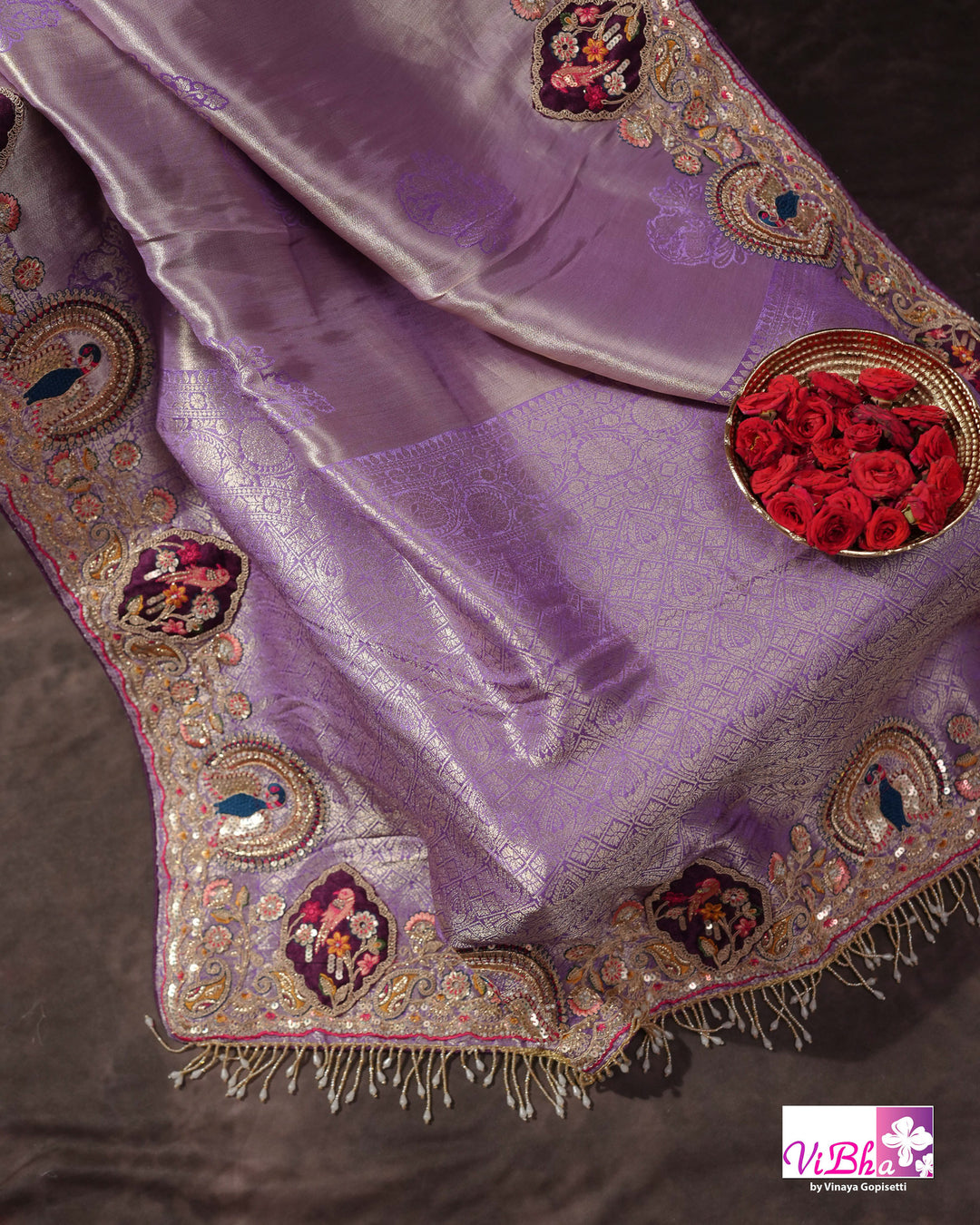 Lavender Designer Saree with Ornate Peacock and Figurative Embellishments