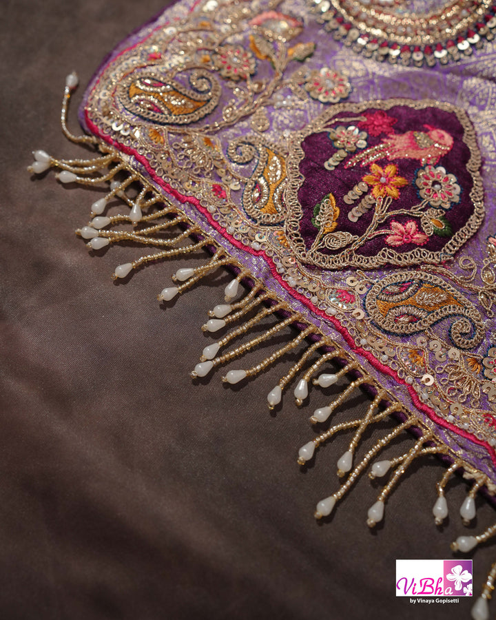 Lavender Designer Saree with Ornate Peacock and Figurative Embellishments