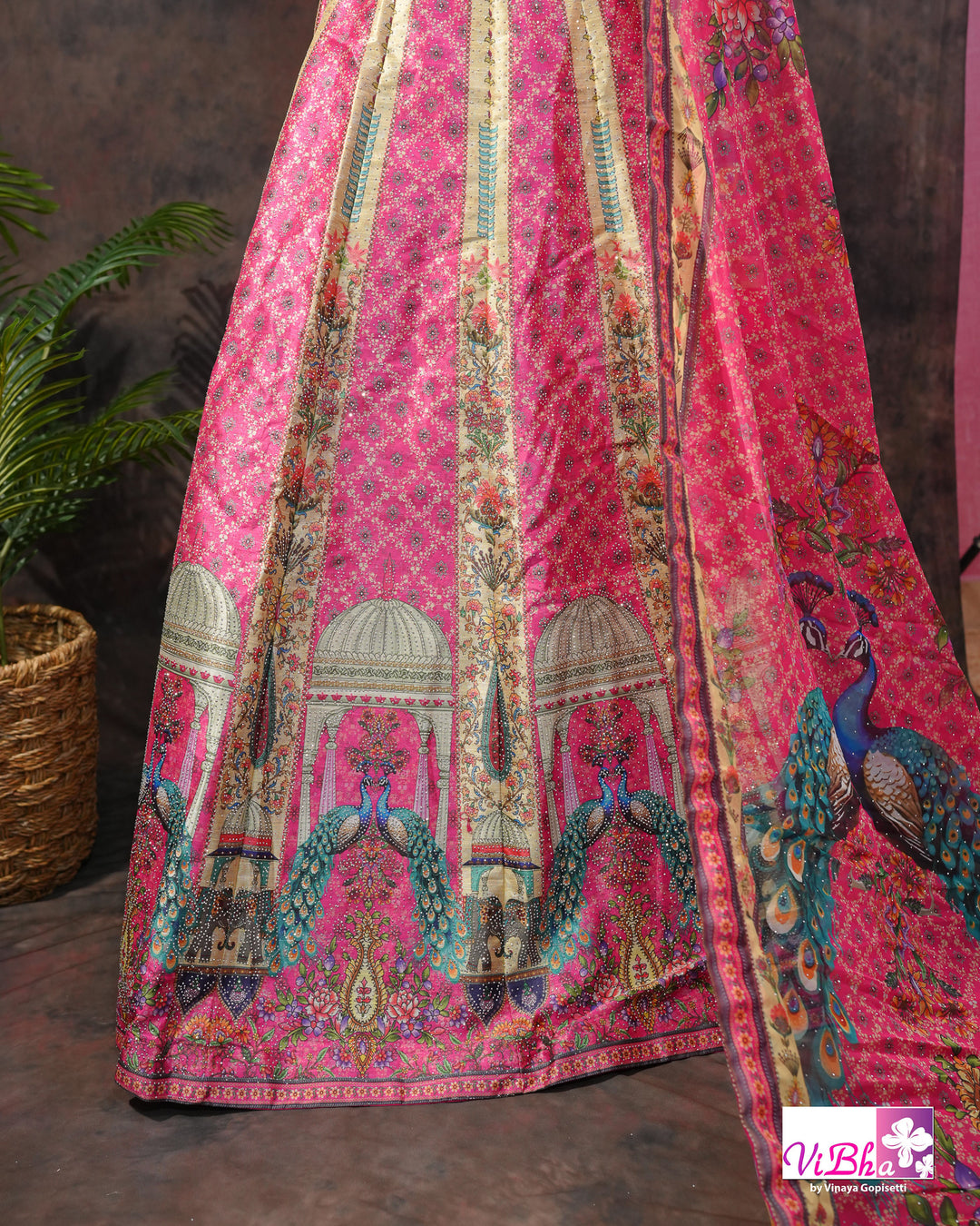 Rani Pink Peacock Print Lehenga Set