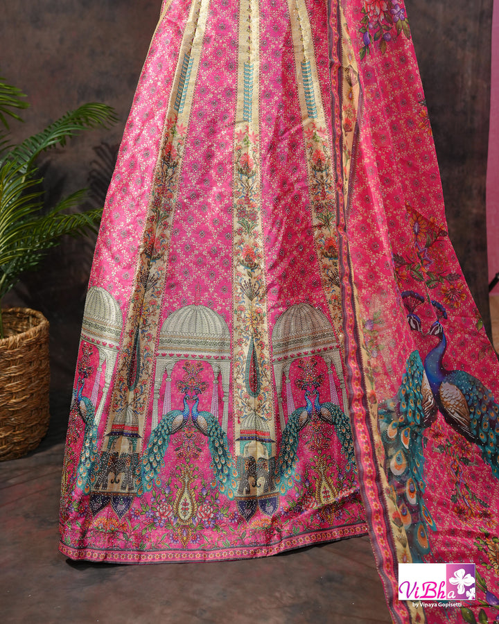 Rani Pink Peacock Print Lehenga Set