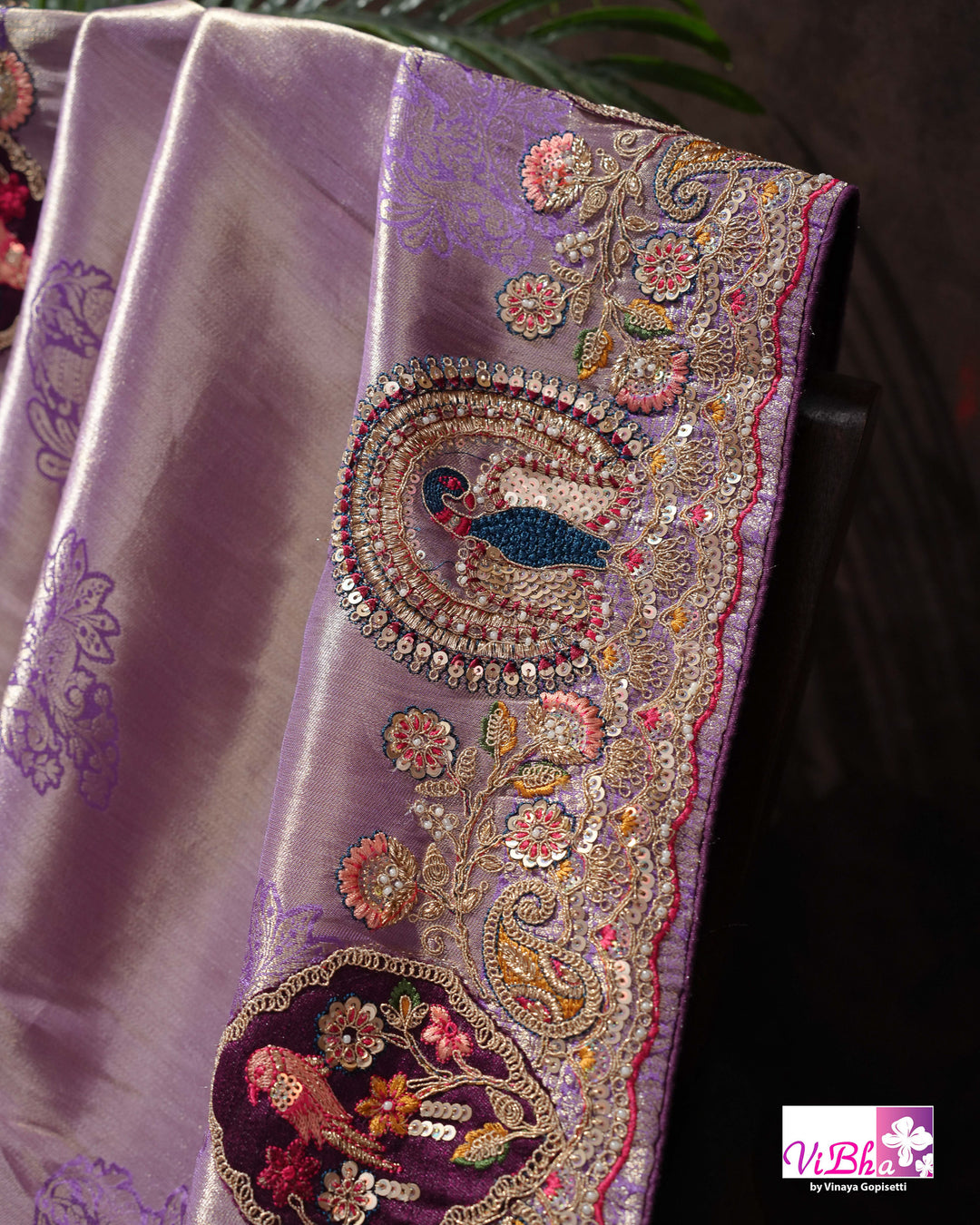 Lavender Designer Saree with Ornate Peacock and Figurative Embellishments