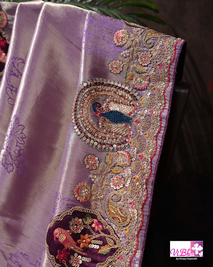 Lavender Designer Saree with Ornate Peacock and Figurative Embellishments