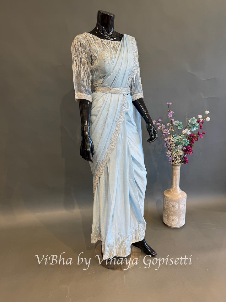 Powder blue self bead embroidered pre draped saree and Bl