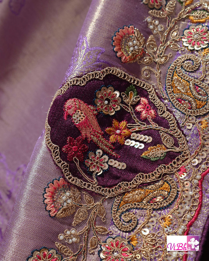 Lavender Designer Saree with Ornate Peacock and Figurative Embellishments