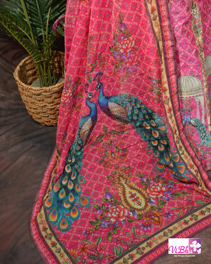 Rani Pink Peacock Print Lehenga Set
