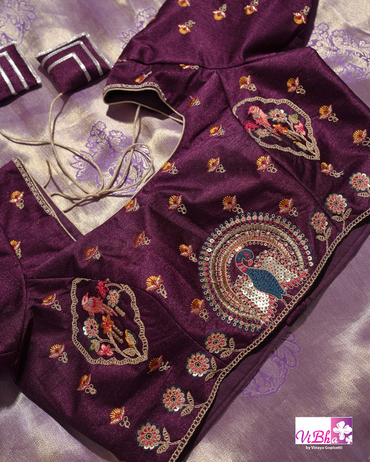 Lavender Designer Saree with Ornate Peacock and Figurative Embellishments