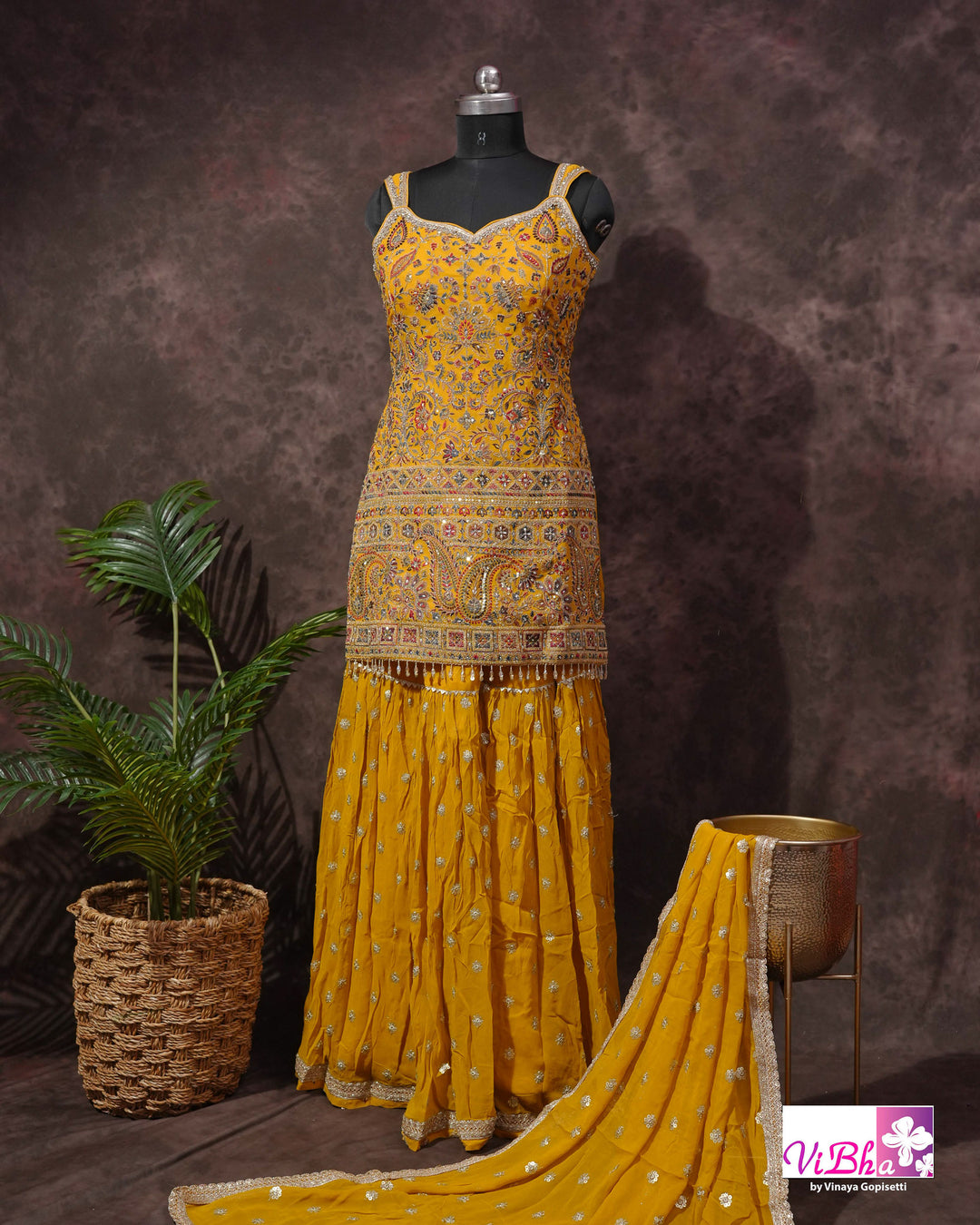 Mustard Yellow Multicolor Embroidered Gharara Set