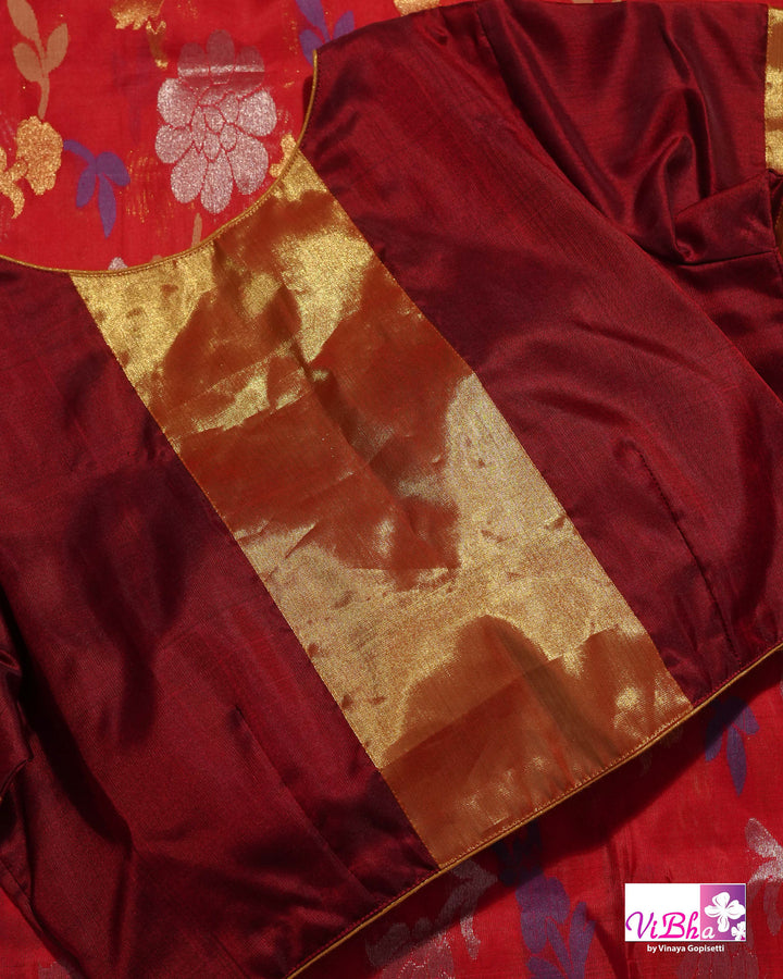 Red Jamdani Kalanjali Motif Venkatagiri Silk Saree with Maroon Blouse