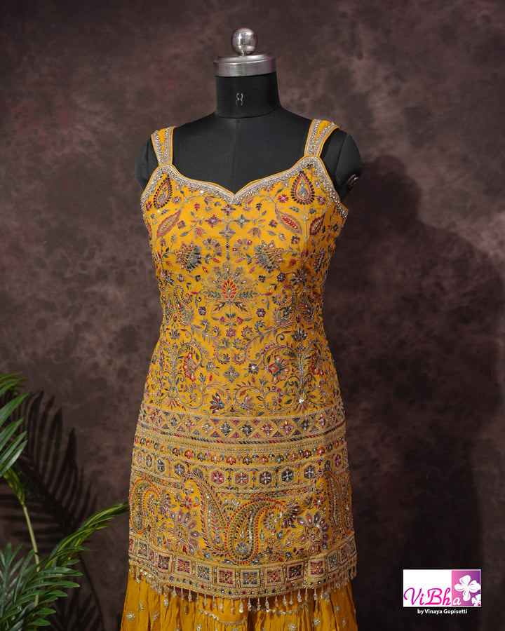 Mustard Yellow Multicolor Embroidered Gharara Set