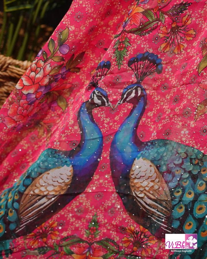 Rani Pink Peacock Print Lehenga Set