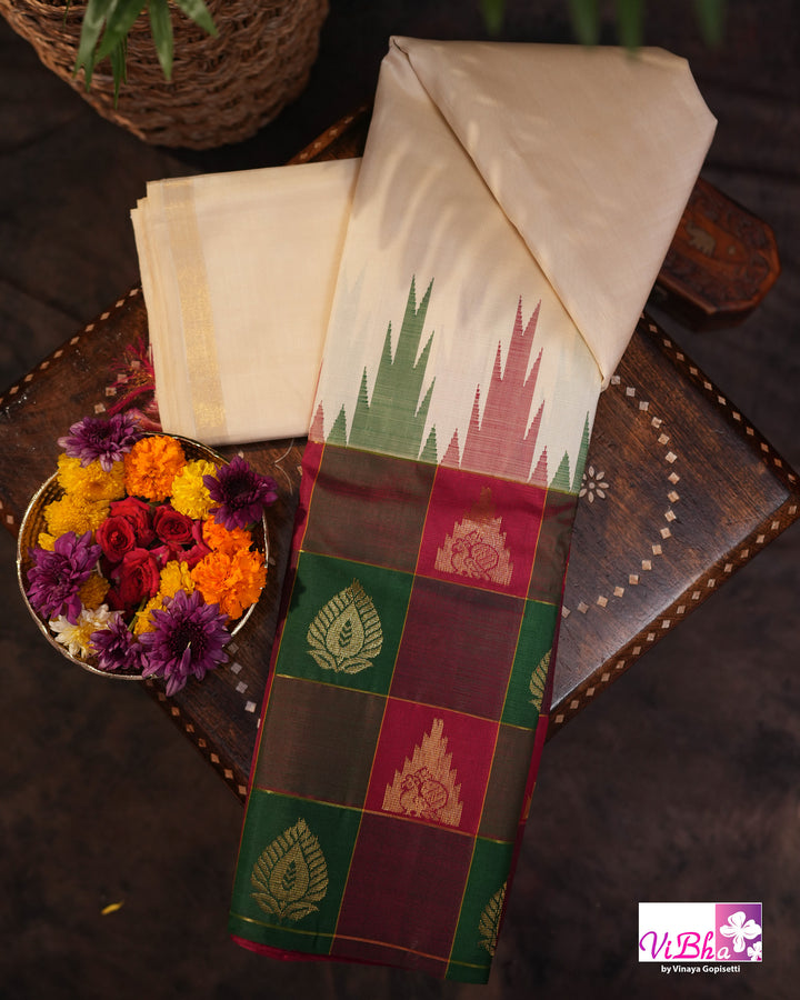 Cream Kanchi Silk Saree with Blouse &amp; Kattam Border