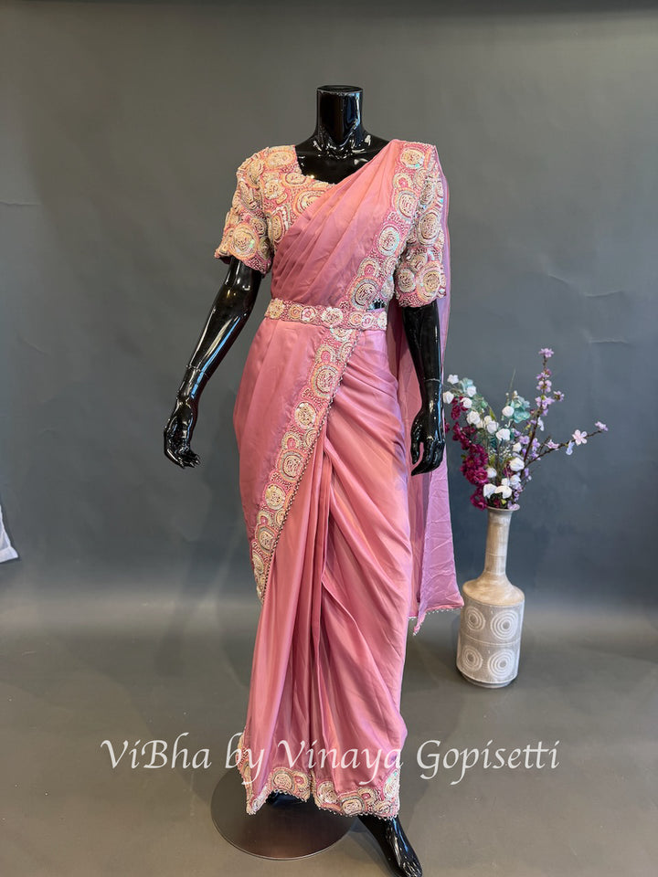 Dusty rose pink pre draped saree and blouse