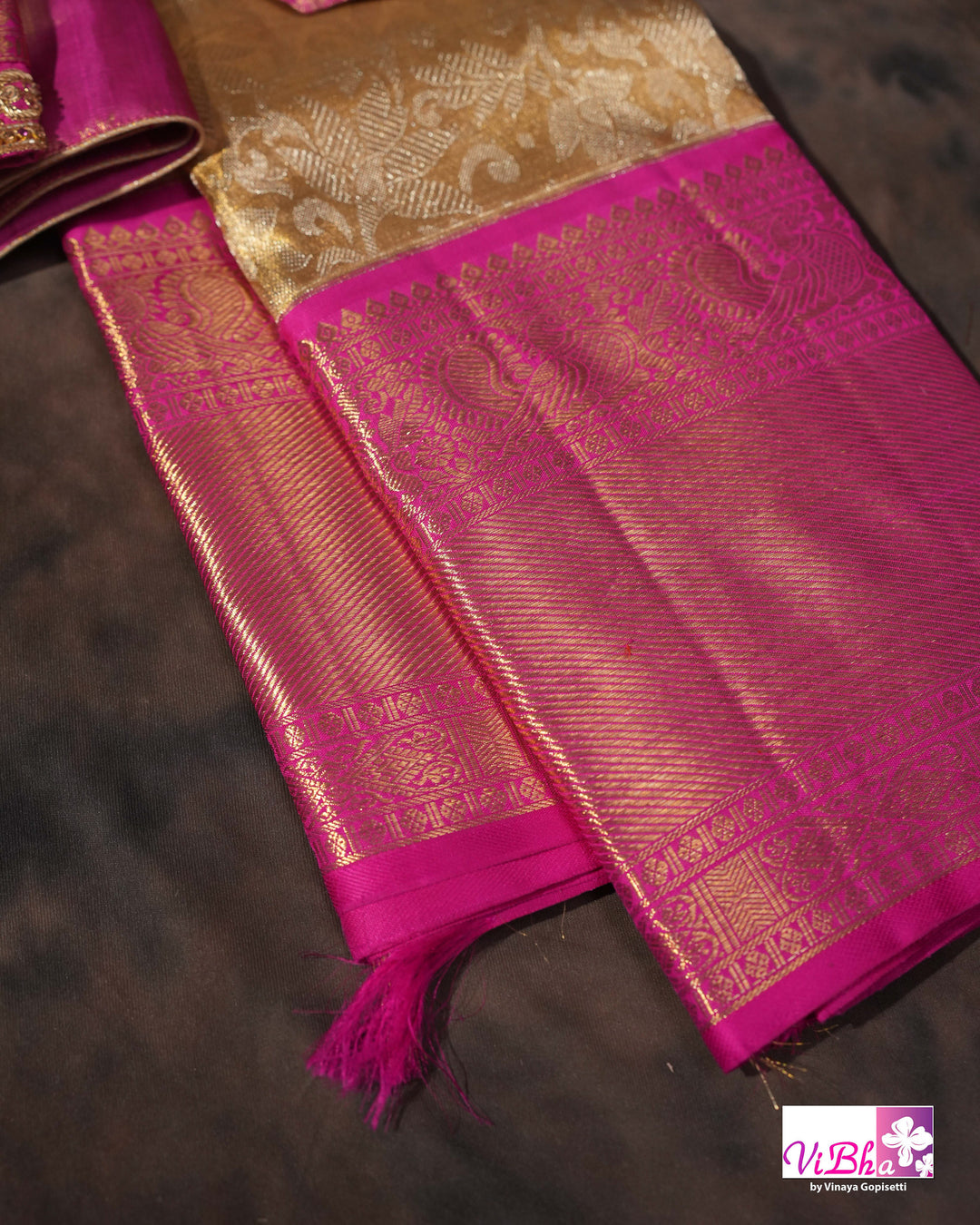 Gold Kanchi Silk Saree with Magenta Pink Border and Ornate Woven Pallu