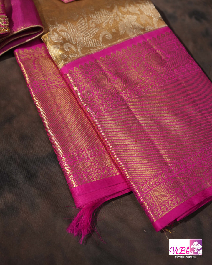 Gold Kanchi Silk Saree with Magenta Pink Border and Ornate Woven Pallu