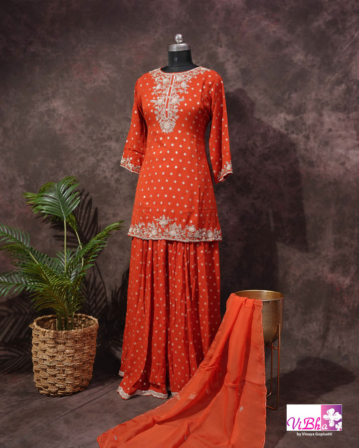 Orange Embroidered Sharara Set