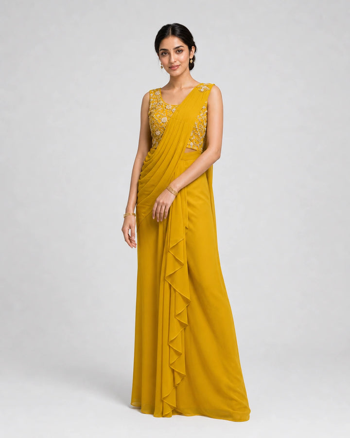 Mustard Yellow Embroidered Fusion Draped Skirt Set