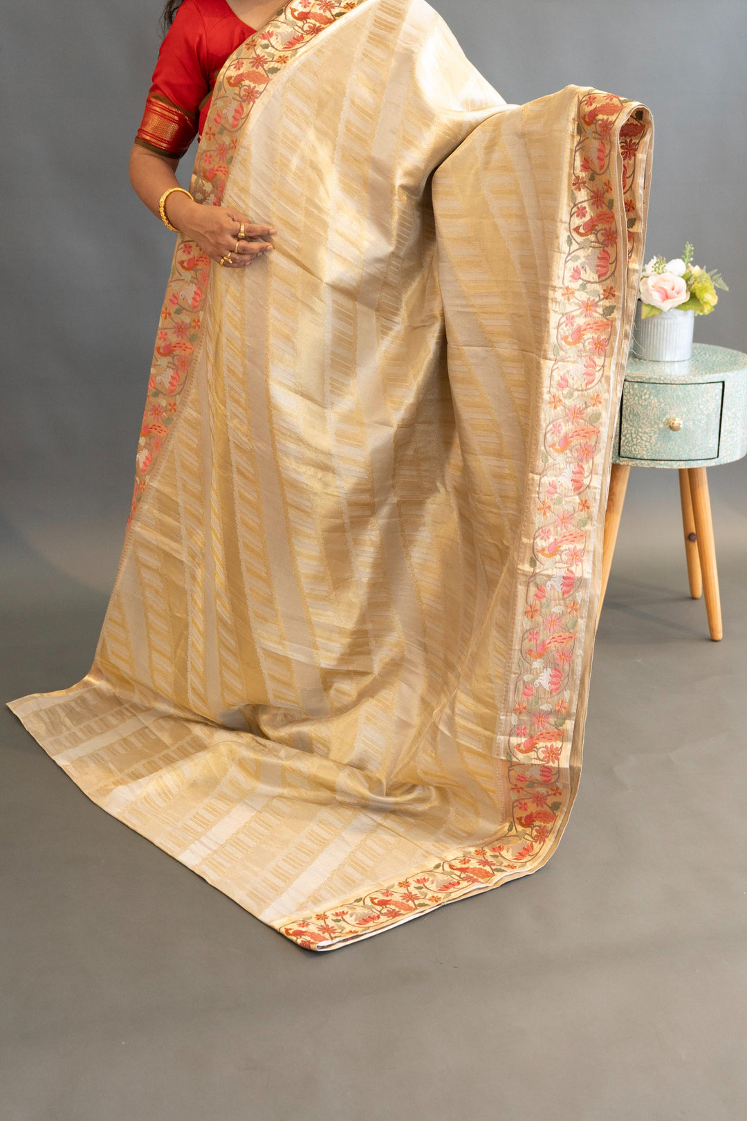 Silver And Gold Kanchi SIlk Saree And Blouse With Petit Point Embroidered Borders
