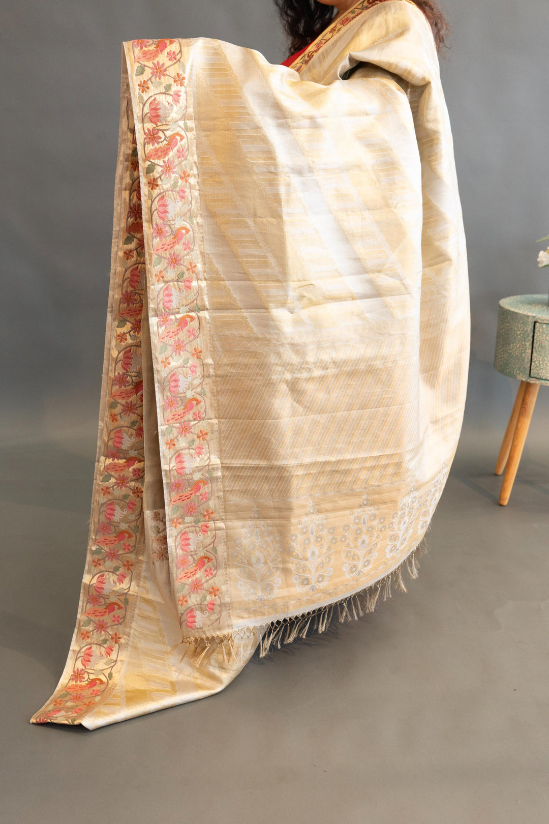 Silver And Gold Kanchi SIlk Saree And Blouse With Petit Point Embroidered Borders