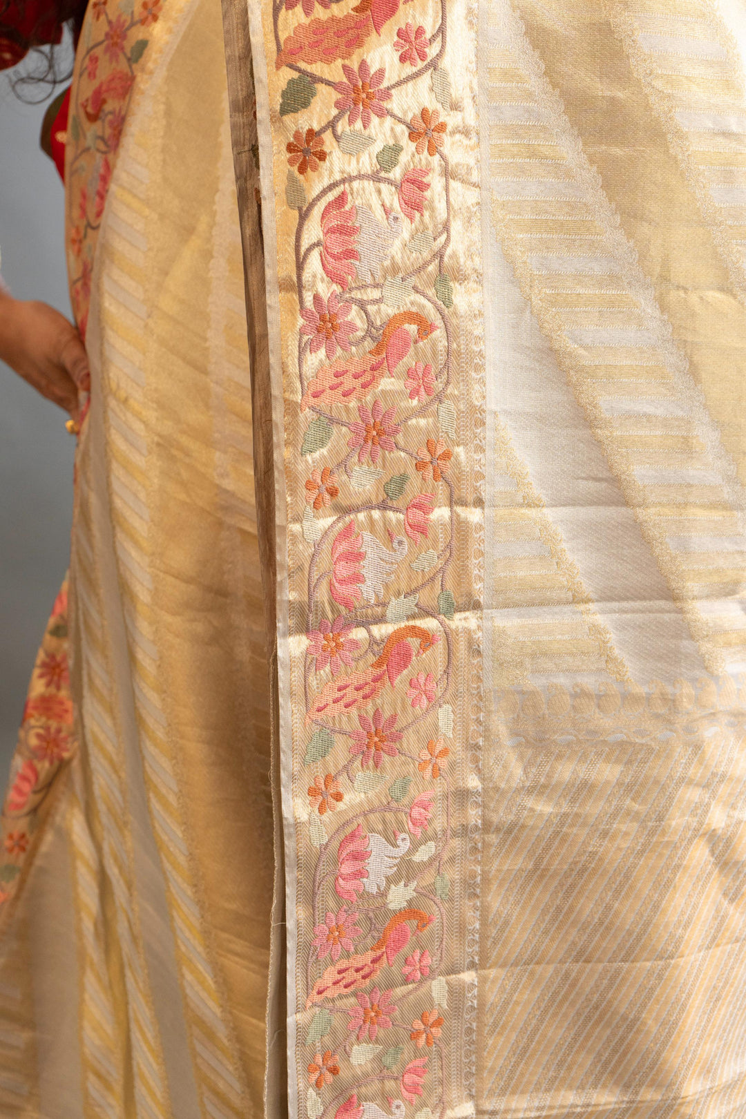 Silver And Gold Kanchi SIlk Saree And Blouse With Petit Point Embroidered Borders