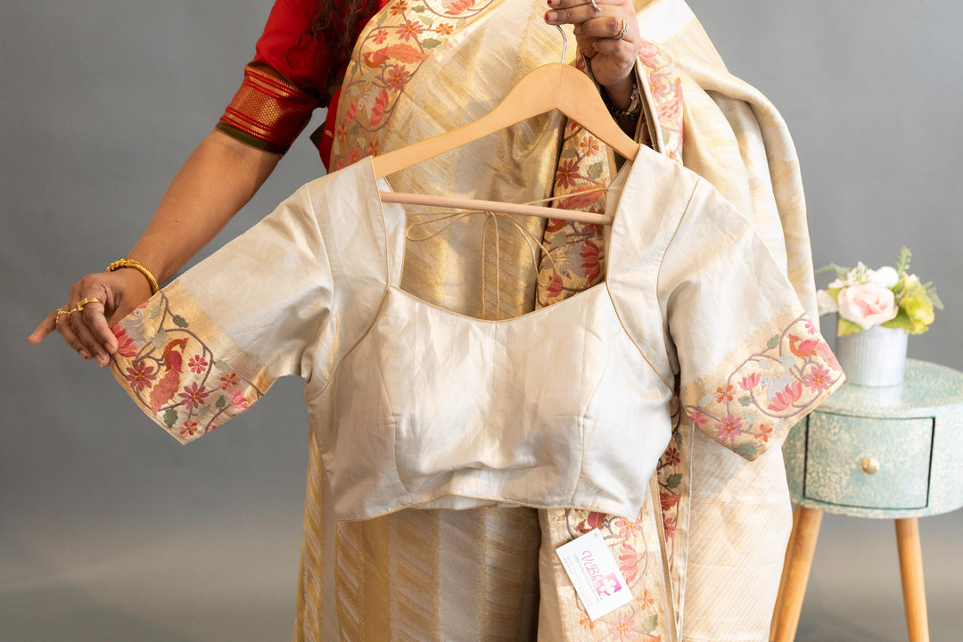 Silver And Gold Kanchi SIlk Saree And Blouse With Petit Point Embroidered Borders