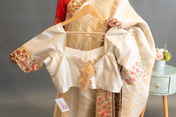 Silver And Gold Kanchi SIlk Saree And Blouse With Petit Point Embroidered Borders