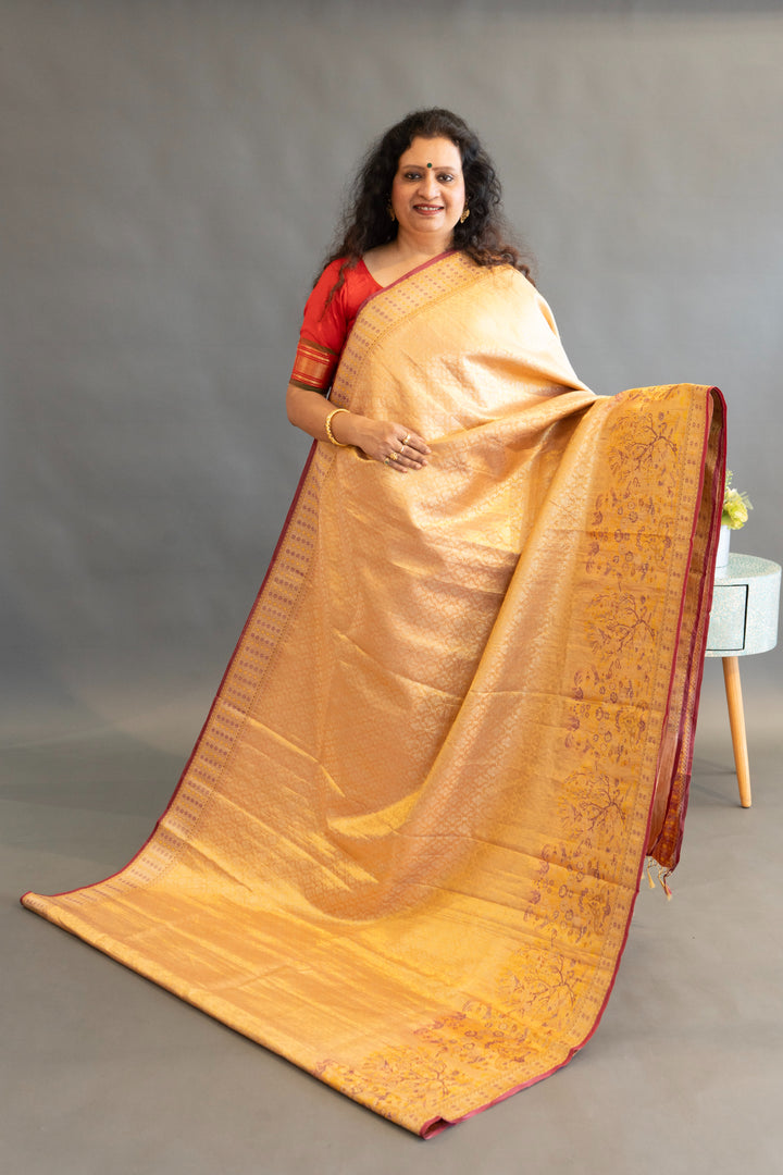 Gold and dark Purple Kanchi Meenakari Tissue  Saree and Embroidered Blouse