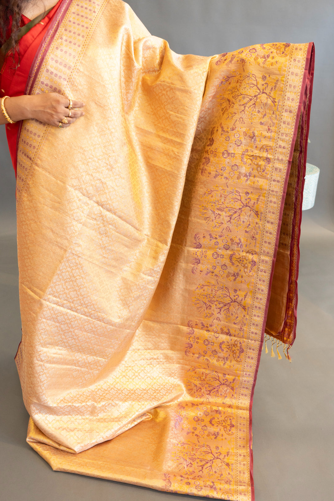 Gold and dark Purple Kanchi Meenakari Tissue  Saree and Embroidered Blouse