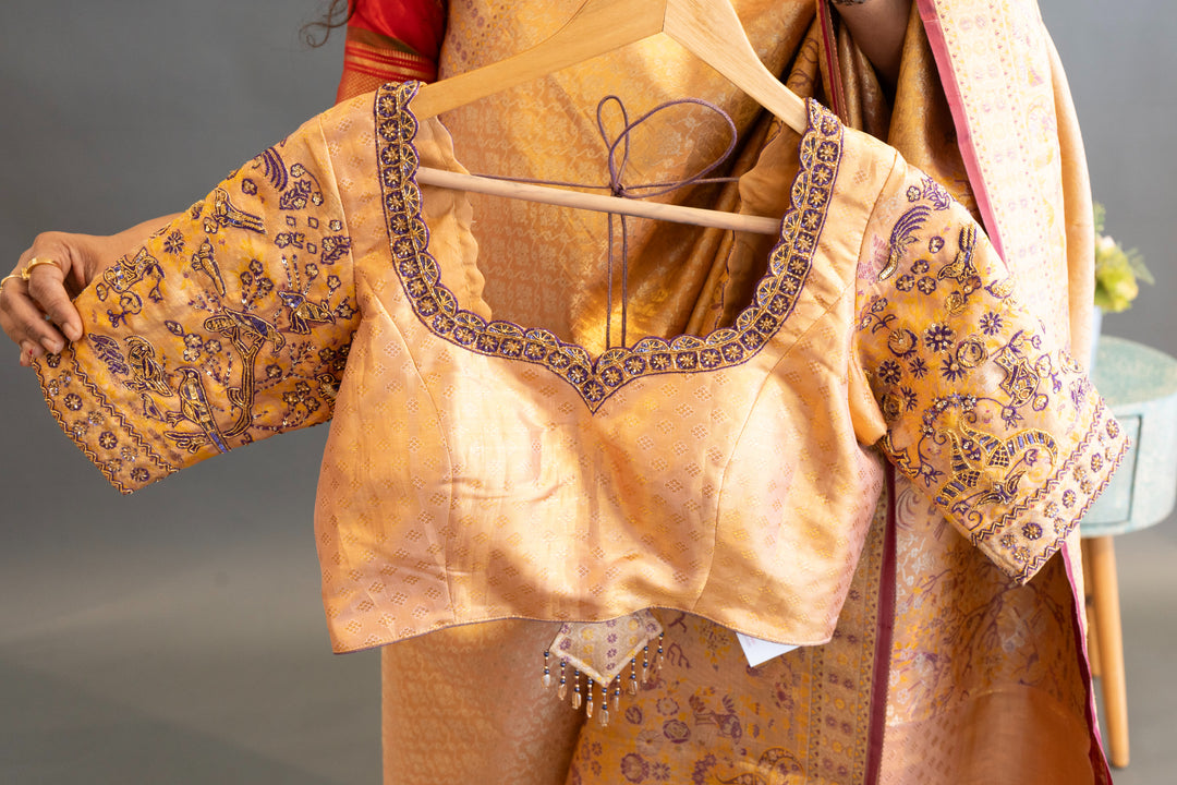 Gold and dark Purple Kanchi Meenakari Tissue  Saree and Embroidered Blouse