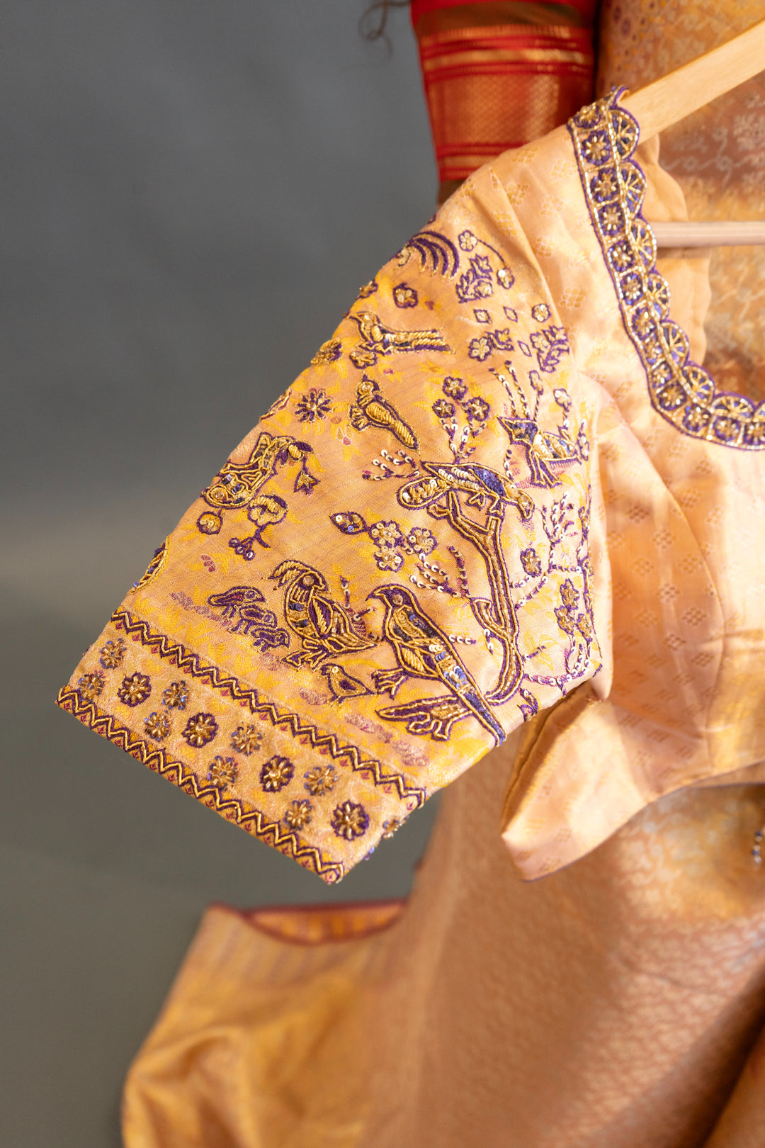 Gold and dark Purple Kanchi Meenakari Tissue  Saree and Embroidered Blouse